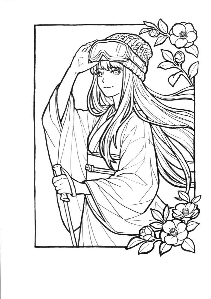 Snow Goddess with lost ski goggles — coloring page