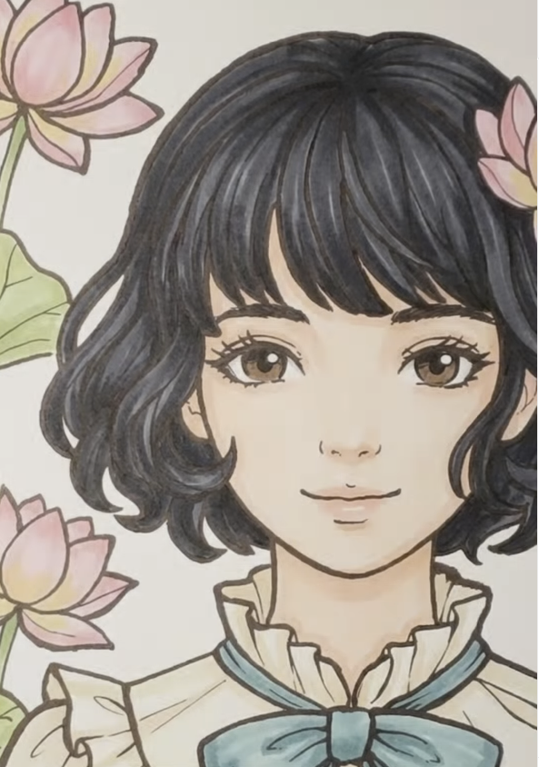 Cat Maiden — completed coloring with lotus blossoms