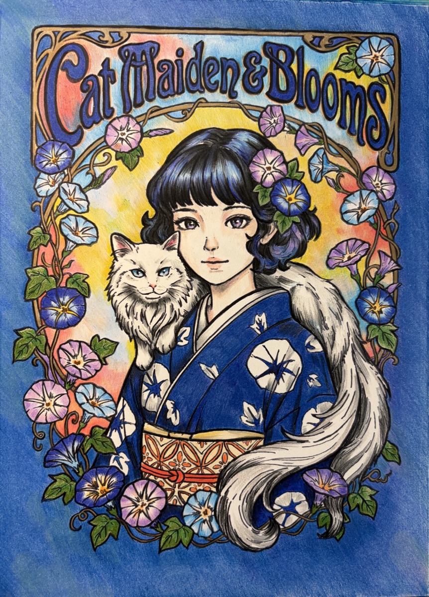 Cat Maiden & Blooms — hand-colored original artwork