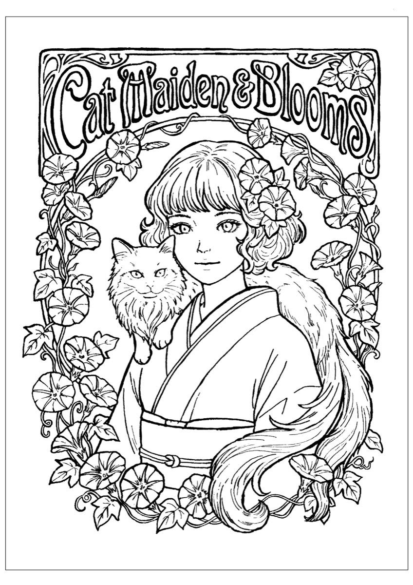 Cat Maiden & Blooms cover — original line art