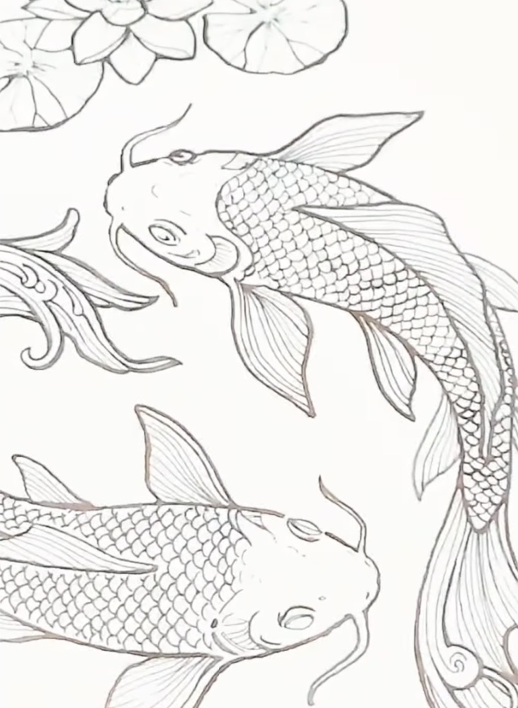 Koi by the lotus pond — coloring page detail
