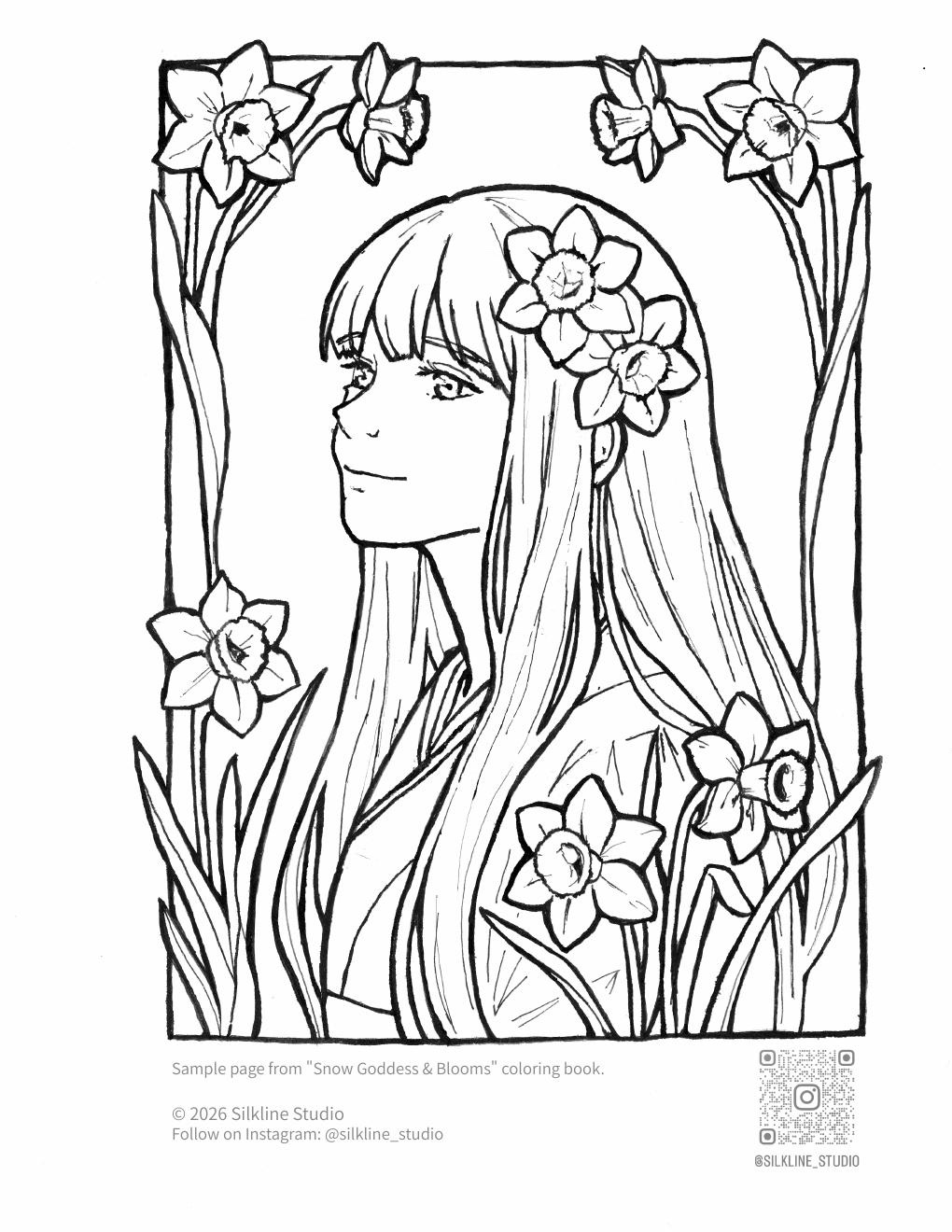 Snow Goddess & Paperwhites — coloring page
